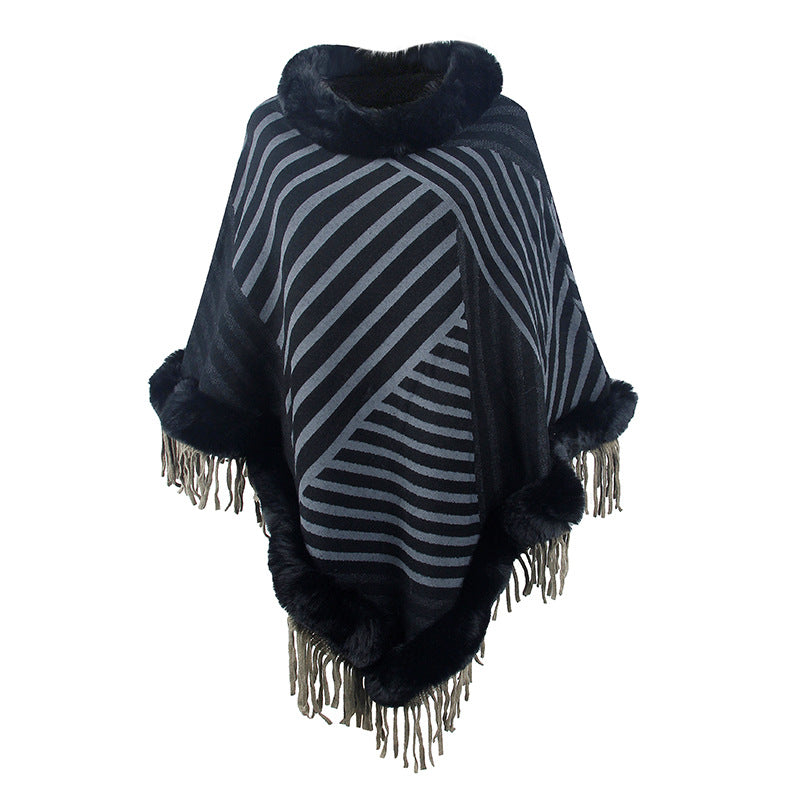 Fur Collar Pullover Tassel Knitted Cape for Women Autumn Winter Stripe Warm Shawl