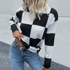 Autumn Winter Women Wear Long Sleeve Black White Checkerboard Plaid Sweater