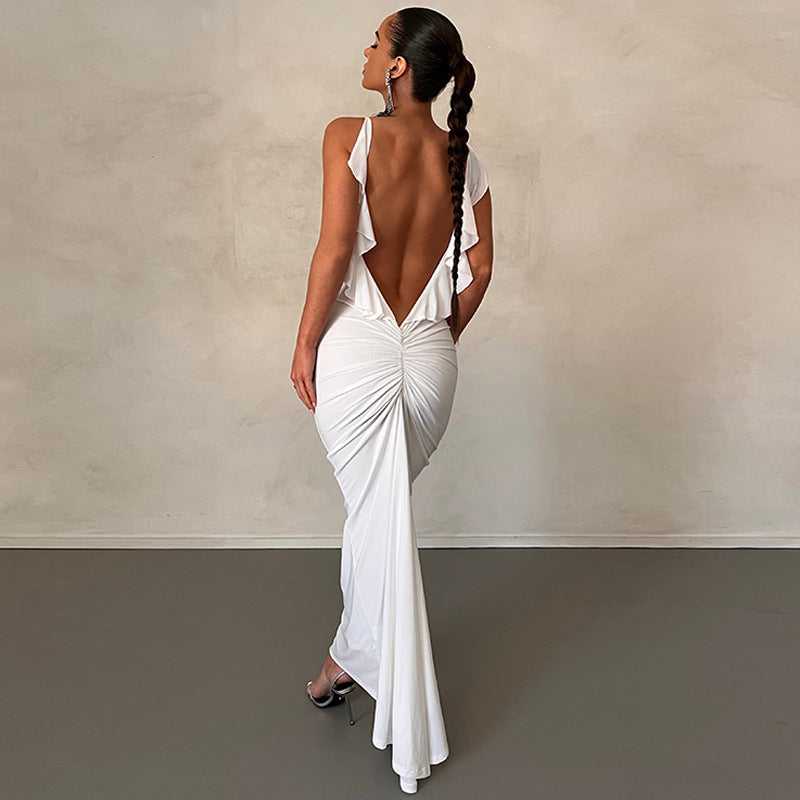 Women  Clothing Spring U-Neck Sexy Backless Long Slim Strap Dress