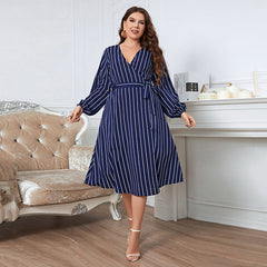 Plus Size Office Striped Loose V neck Belt Women Dress