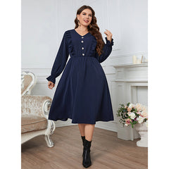 Solid Color Simple Button Lace Sleeve V neck plus Size Dress