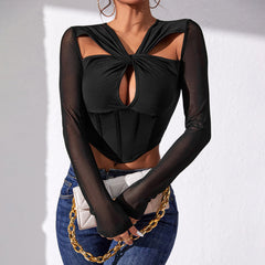 Sexy Sexy See through Stitching T shirt Boning Corset Waist Long Sleeve Top Women