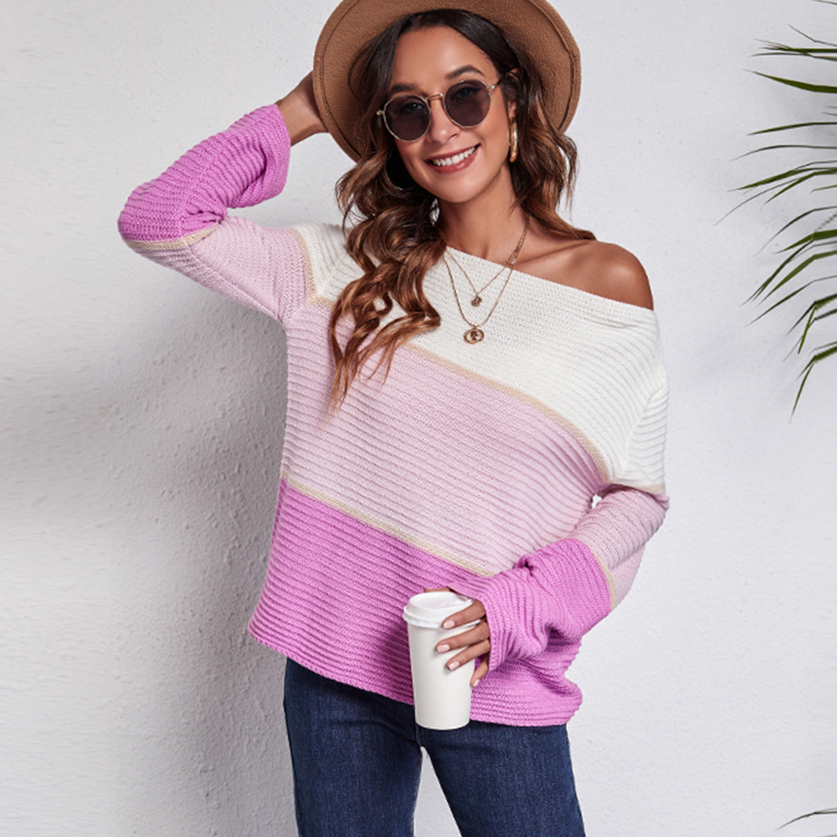 Contrast Color Gradient Color Striped off Neck Sweater Women Color Matching Knitwear Sweater