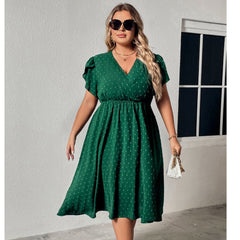 Plus Size Summer Green V Collar Polka Dot Waist Dress Women