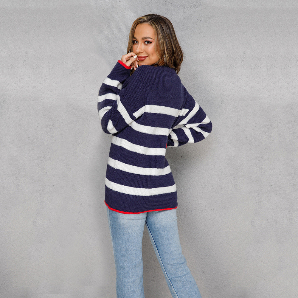 Autumn Winter Sweater Patchwork Stripes Sweater Pullover round Neck Sweater for Women