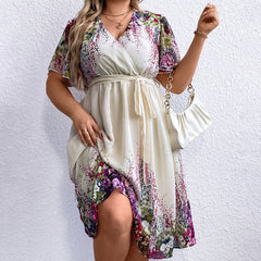 Plus Size Printing Series Waist V neck Women Dress