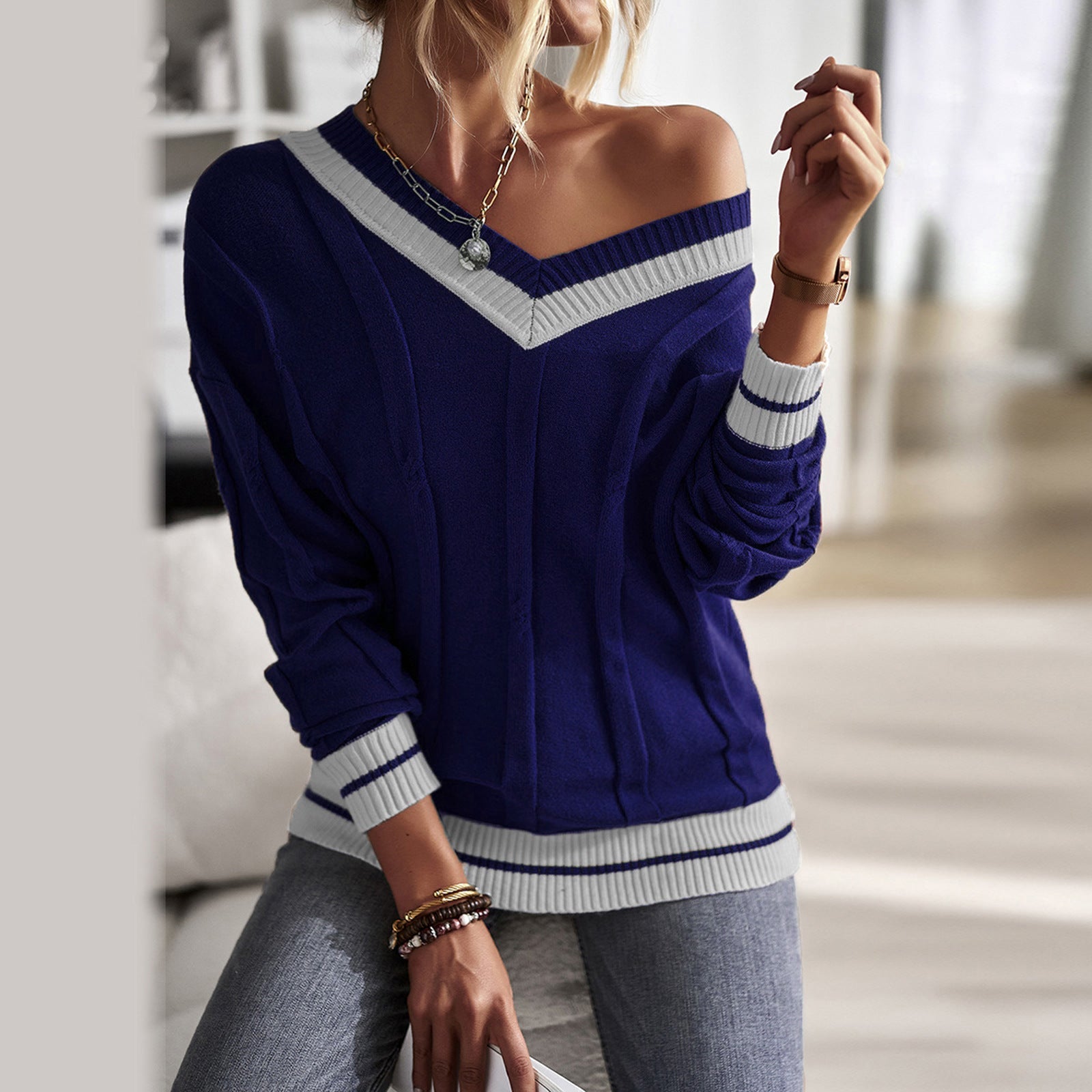 Women Clothing Simple V Collar Contrast Color Stitching Sweater Top