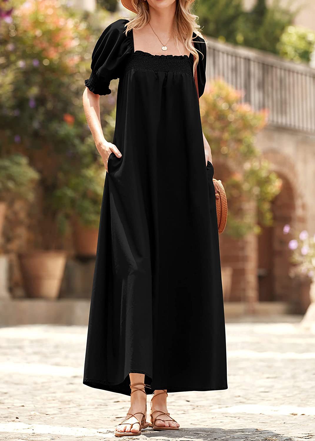 Spring Summer Puff Sleeve Square Collar Dress Solid Color Loose Casual Pocket Maxi Dress