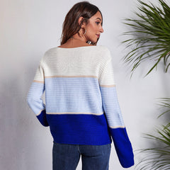 Contrast Color Gradient Color Striped off Neck Sweater Women Color Matching Knitwear Sweater