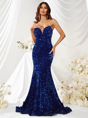 Tube Top Sequined Gown Ruffled Prom Evening Gown Sleeveless Dress Fishtail Swing