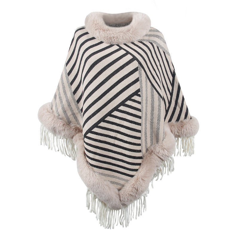 Fur Collar Pullover Tassel Knitted Cape for Women Autumn Winter Stripe Warm Shawl