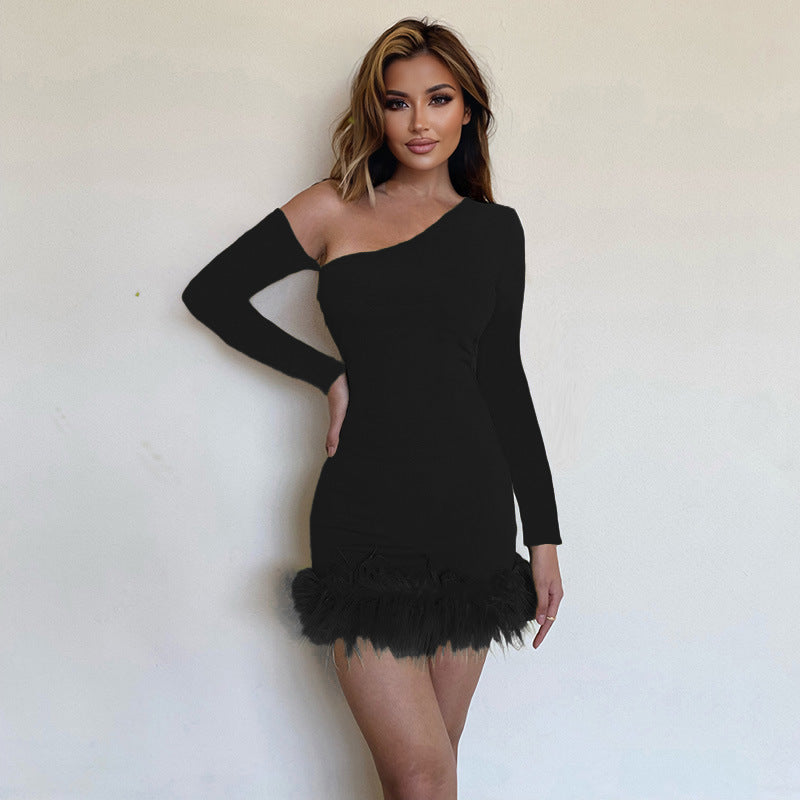 Autumn Sexy  Hip  Elegant Furry Swing Single Sleeve Long Sleeve Sloping Shoulder Dress Women