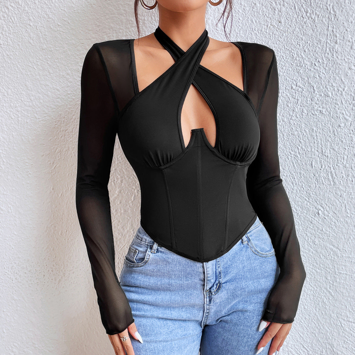 Sexy Cross Halterneck Low Cut See through Long Sleeved T shirt Steel Ring Boning Corset Waist Top