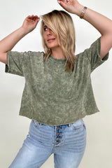 Amicg French Terry Acid Wash Raw Edge Crop Top