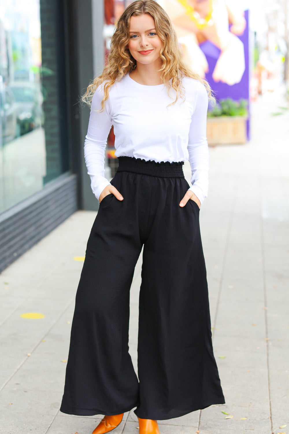 Relaxed Fun Black Smocked Waist Palazzo Pants