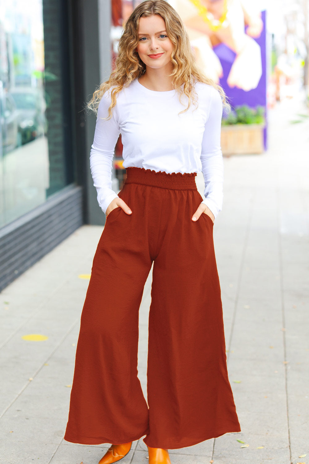 Relaxed Fun Rust Smocked Waist Palazzo Pants