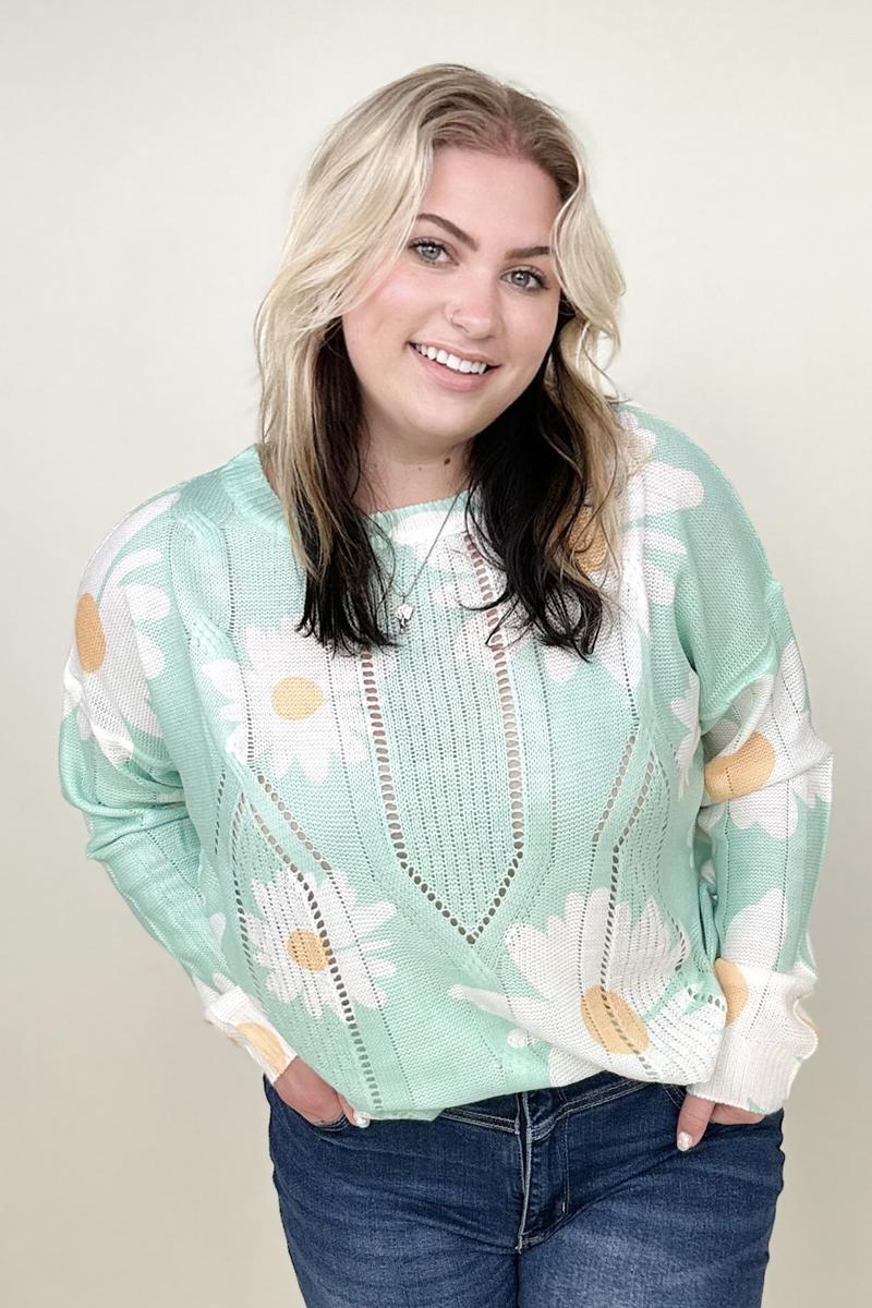 Daisy Print Crew Neck Loose Knit Top
