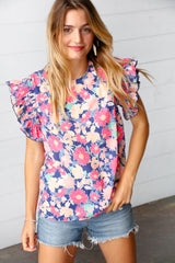 Amicg/Navy Floral Chiffon Smocked Ruffle Sleeve Top