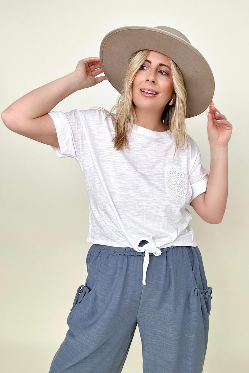 Cropped T-Shirt with Sequin Pocket and Tie Front
