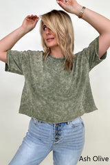 Amicg French Terry Acid Wash Raw Edge Crop Top