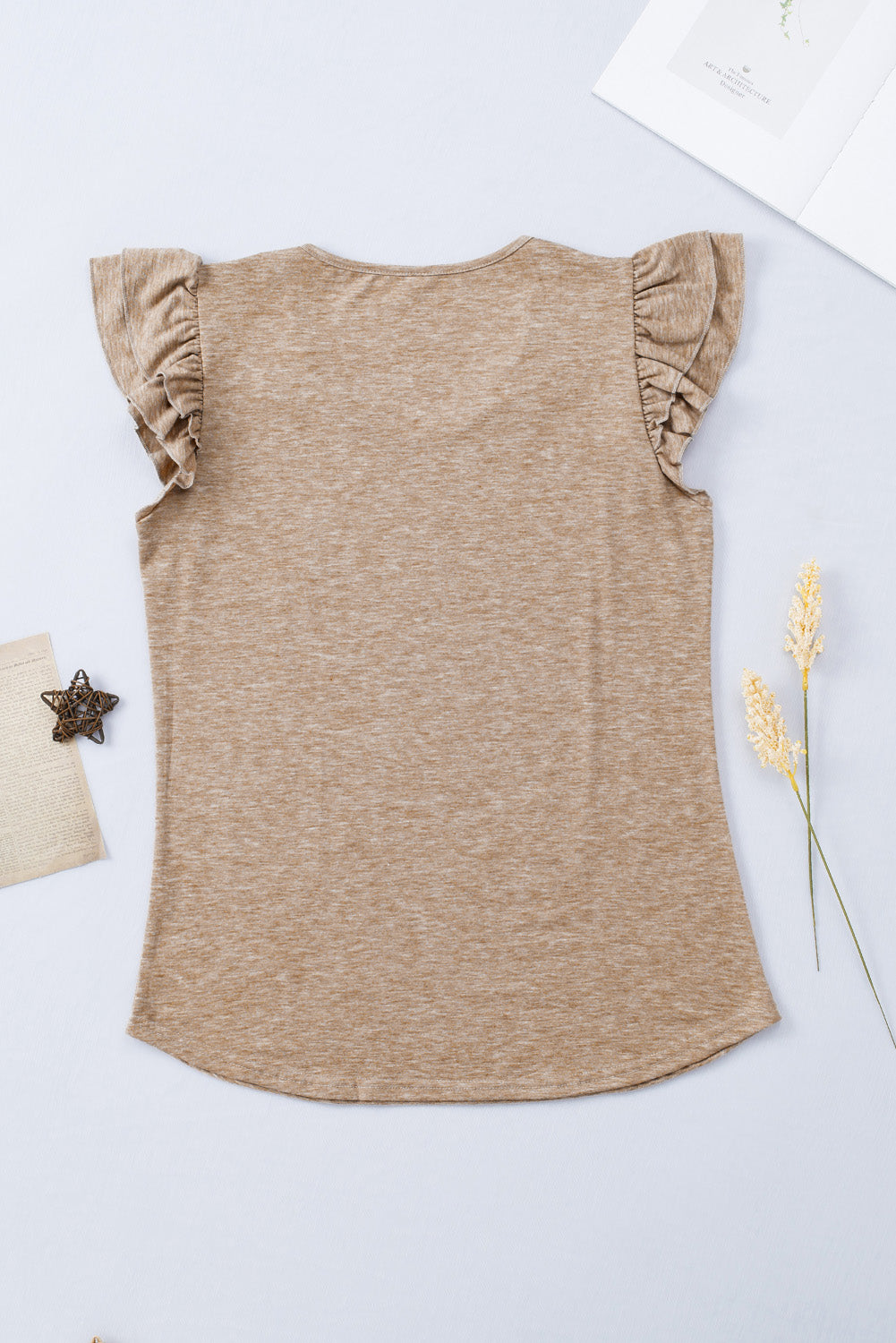 Khaki Solid Color V Neck Flutter Sleeve T-Shirt