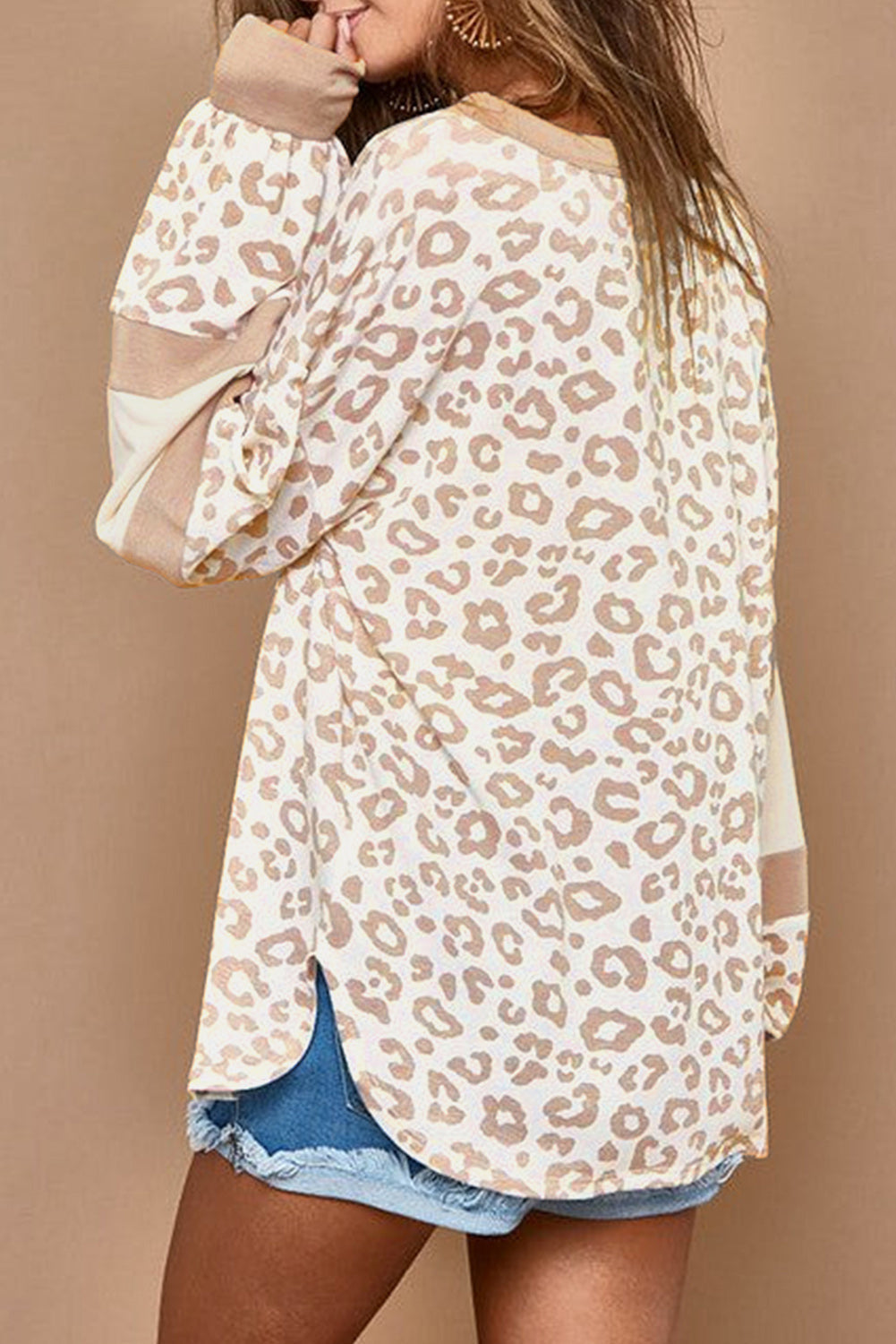 Bright White Leopard Print Round Neck Puff Sleeve Top