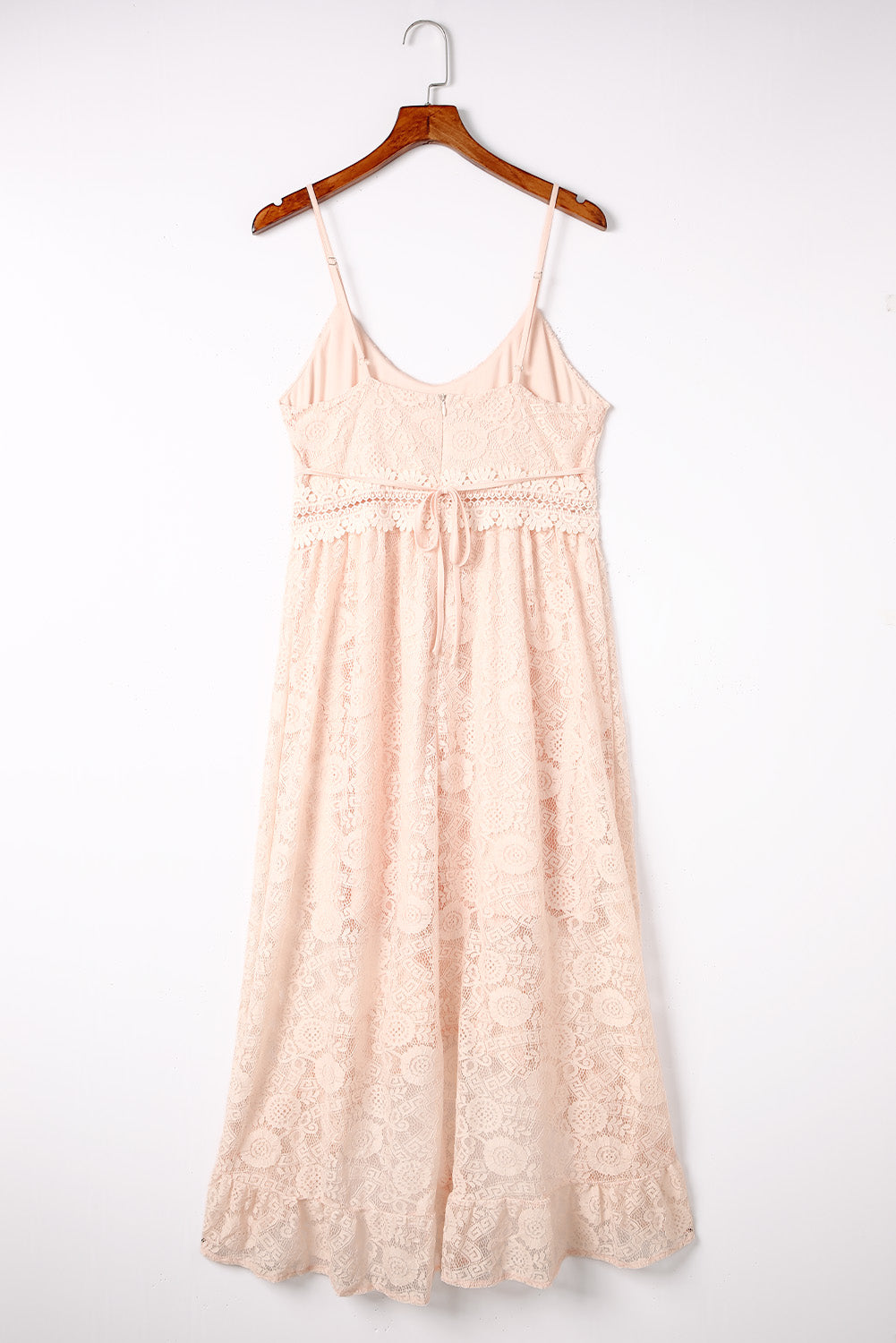 Pink Ruffle Trim Dip Hem Lace Midi Dress