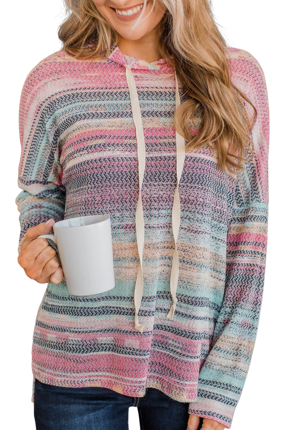 Multicolor Striped Print Cable Knit Drop Shoulder Hoodie