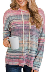 Multicolor Striped Print Cable Knit Drop Shoulder Hoodie