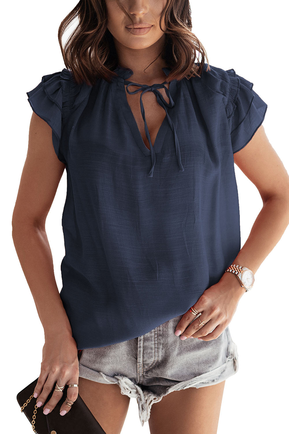 Gray Tiered Ruffled Drawstring V Neck Top