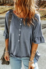 Gray Ruffled Half Sleeve Buttoned Loose T Shirt