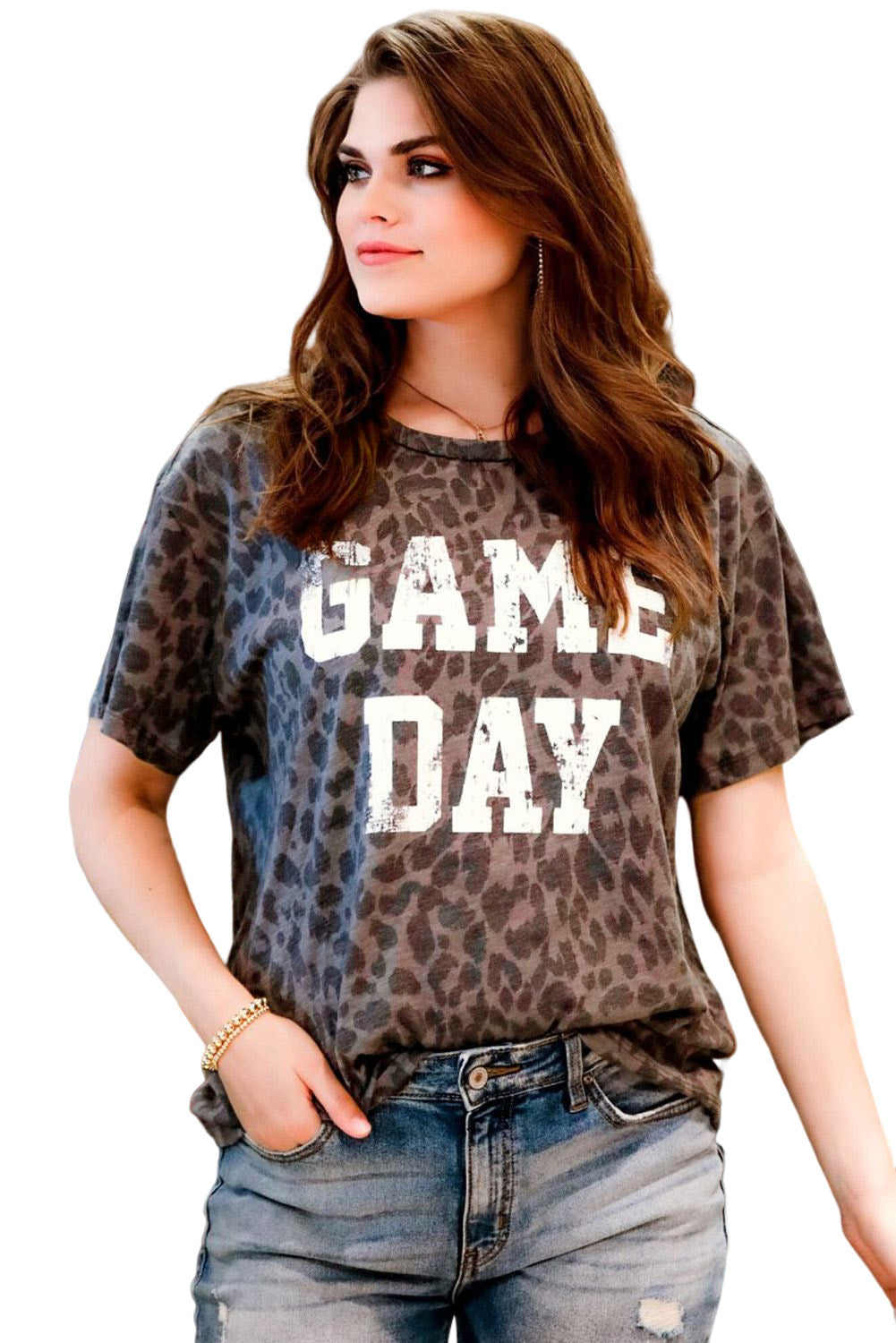 Gray GAME DAY Leopard Print T Shirt