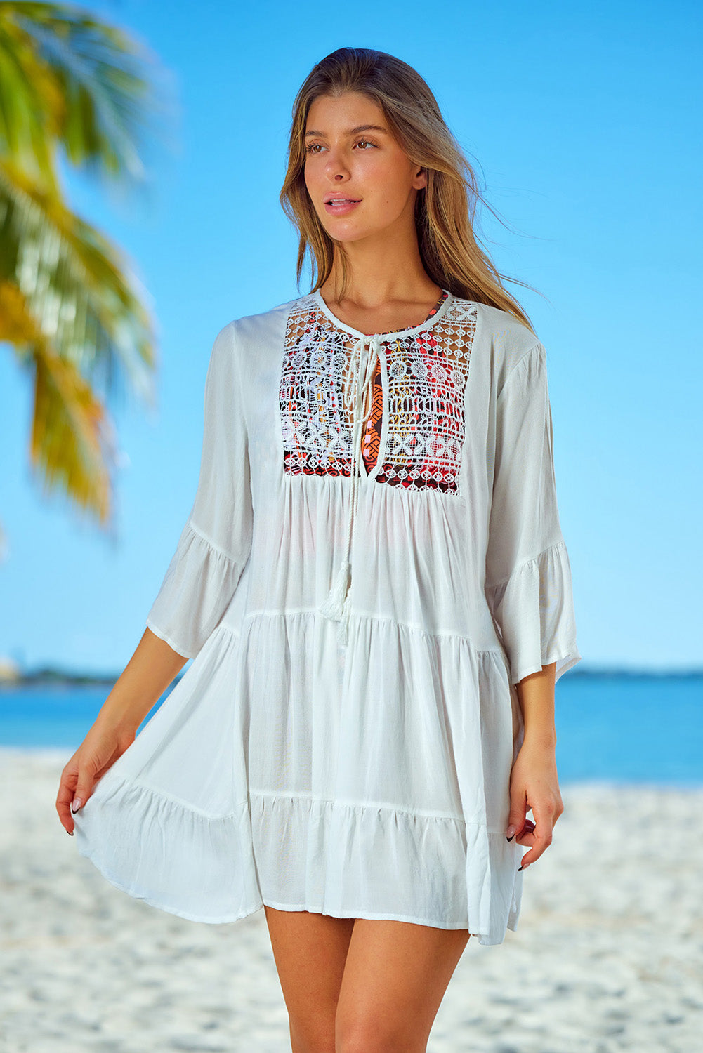 White Crochet Lace Panel Tie V Neck Beach Cover-up