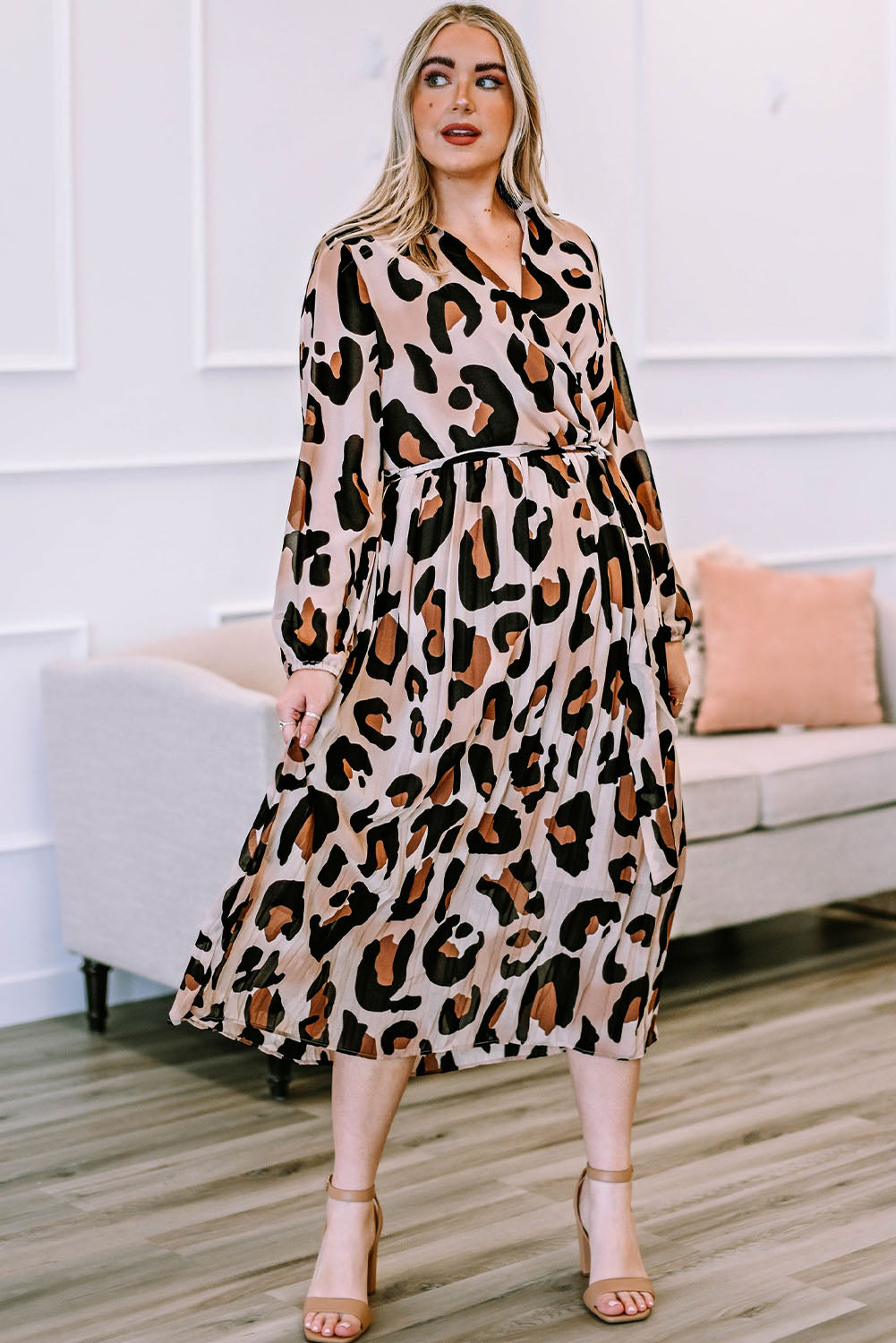 Leopard Plus Size Leopard V Neck Wrap Pleated Dress