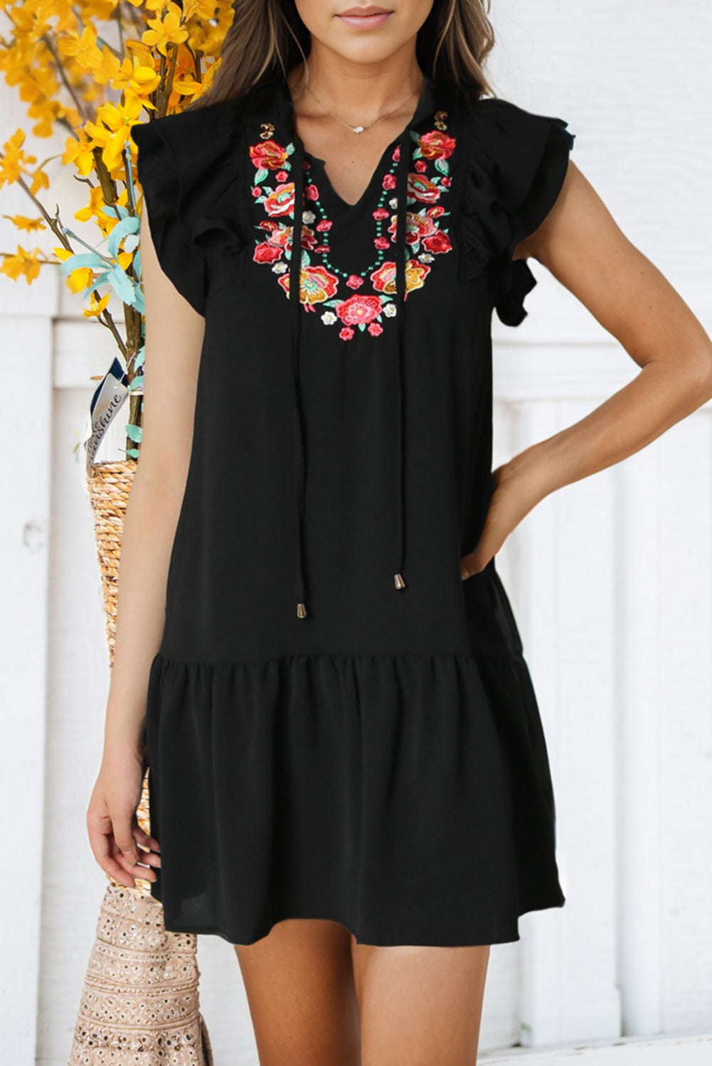 Black Floral Embroidered Ruffle Sleeve Shift Dress