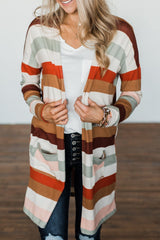 Multicolor Striped Print Pockets Open Front Cardigan