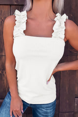 White Ruffle Straps Ribbed Knit Tank