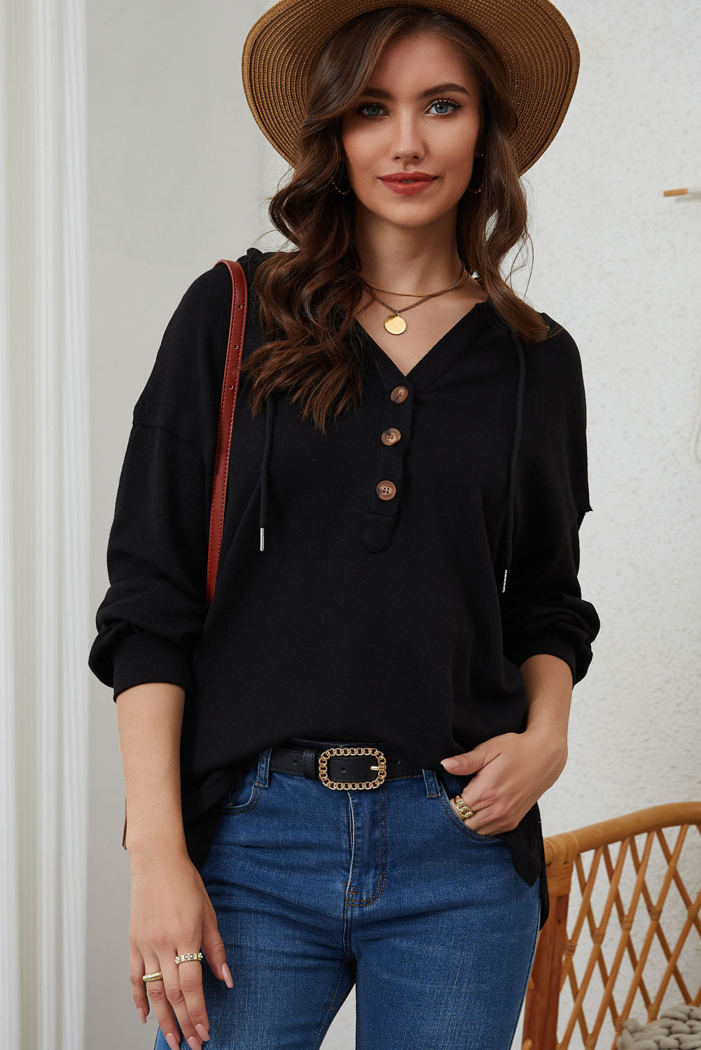 Buttoned High and Low Hem Hoodie