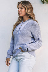 Gray Henley V Neck Hooded Sweater
