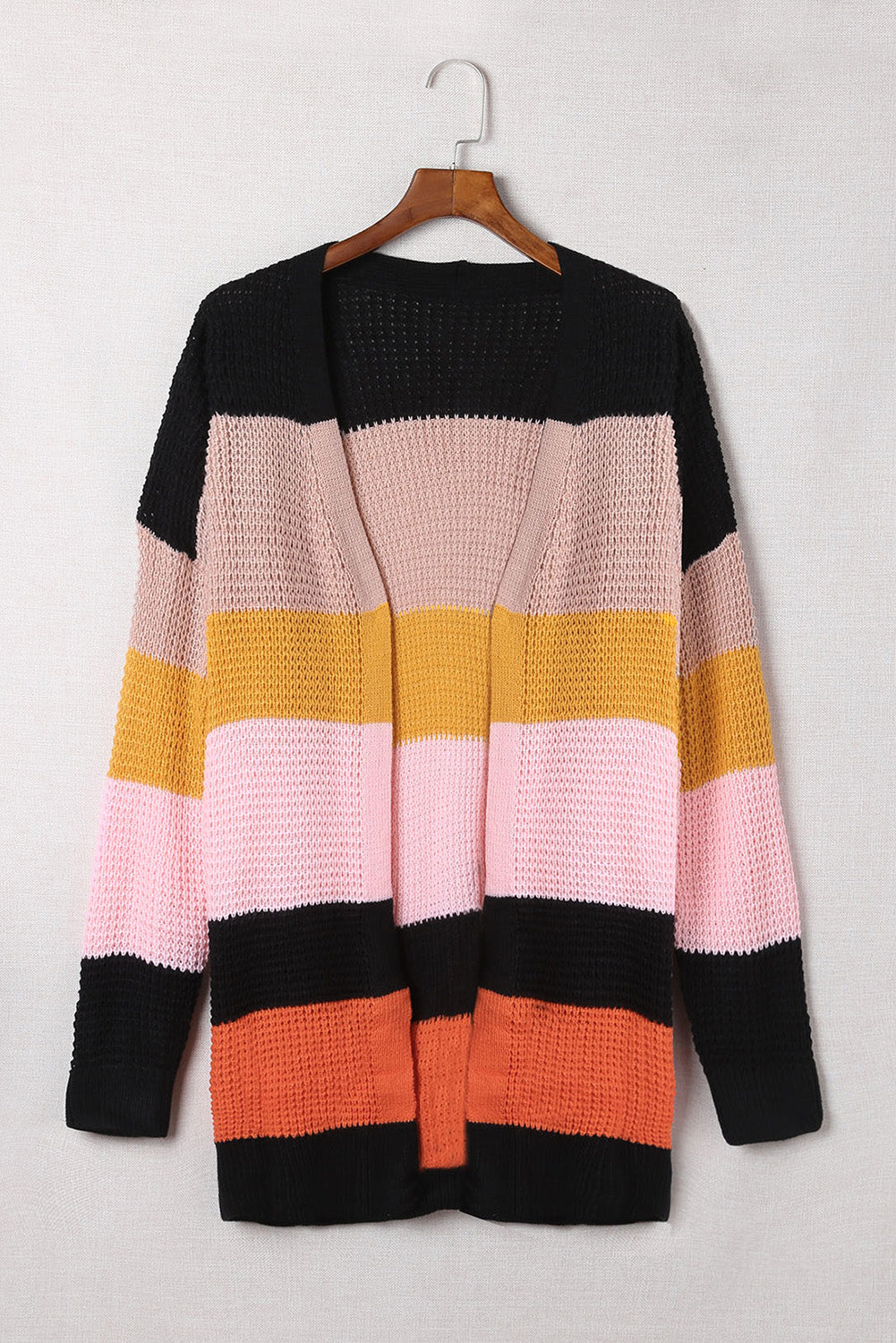 Multicolor Waffle Knit Color Block Open Front Cardigan