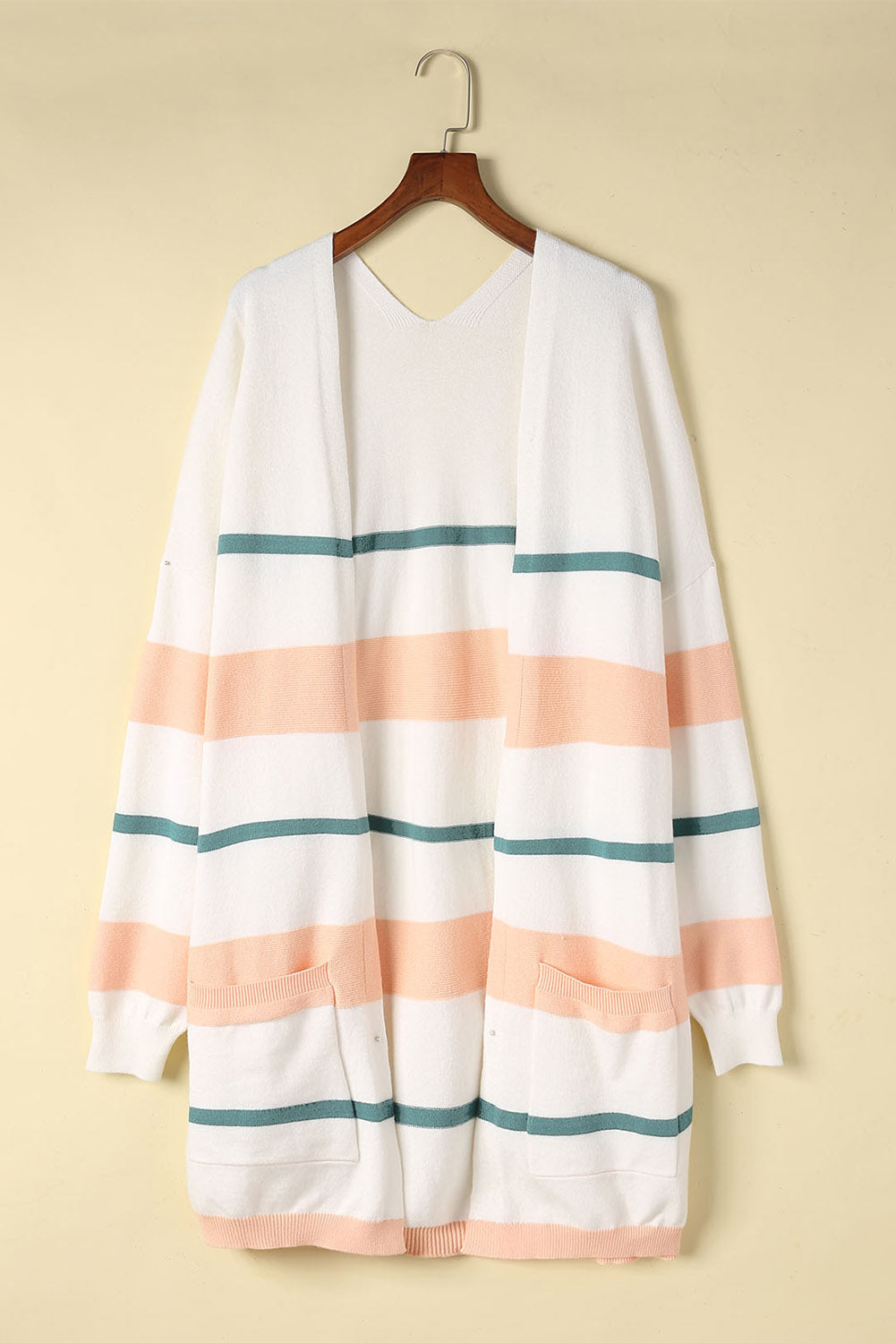 White Striped Knit Side Pockets Plus Size Cardigan