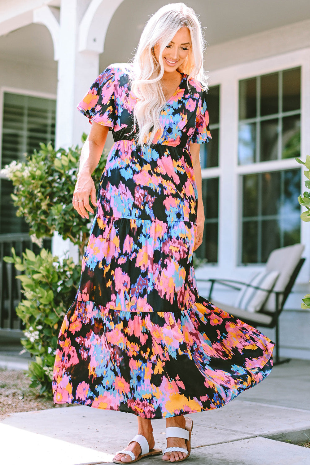 Black Smocked Tie-dye Print Midi Dress