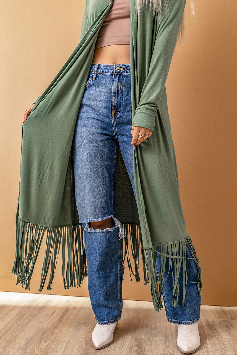 Green Fringe Knit Duster Cardigan