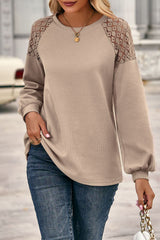 Khaki Lace Shoulder Patch Waffle Knit Long Sleeve Top