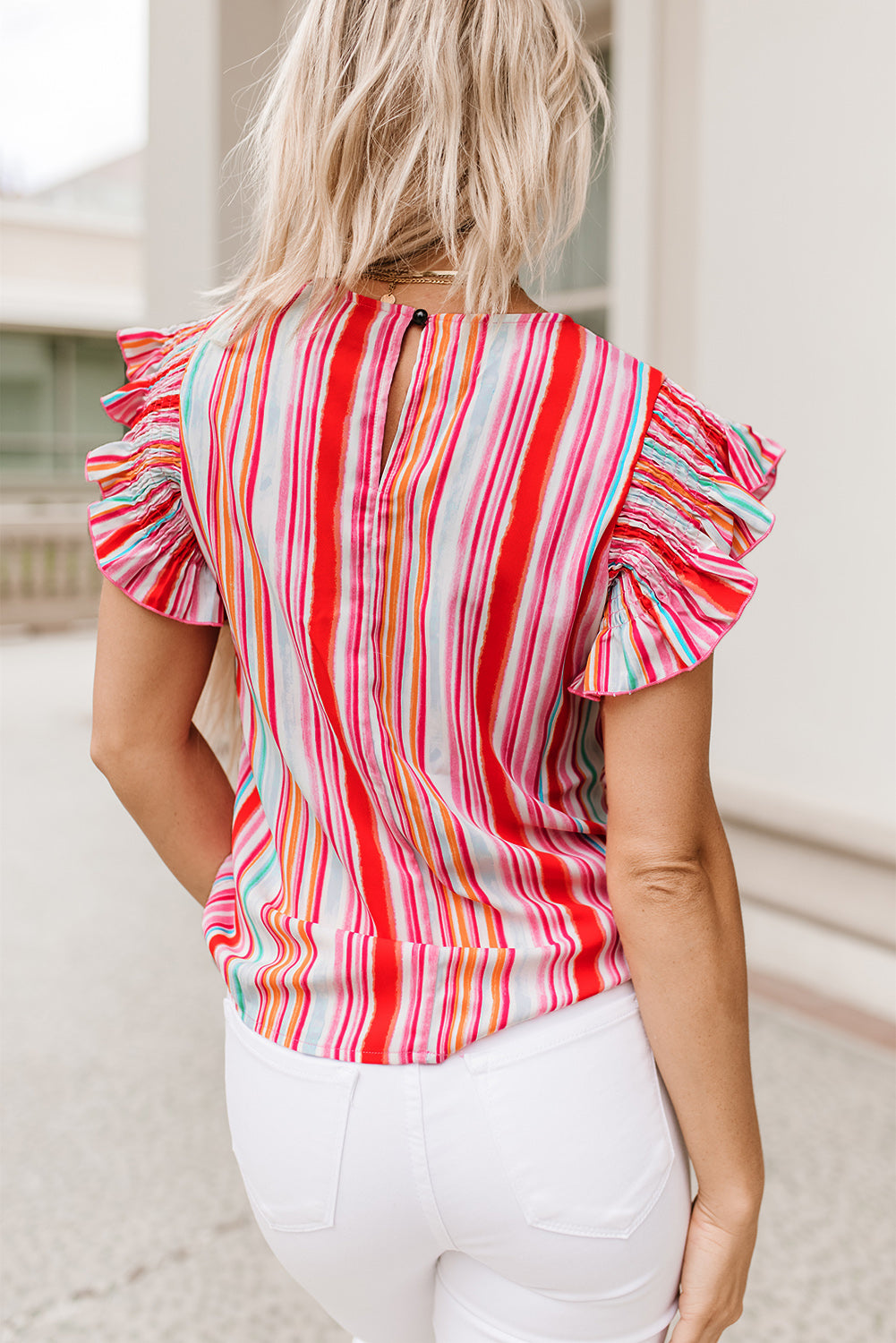 Multicolor Abstract Print Stitching Ruffle Sleeve Blouse