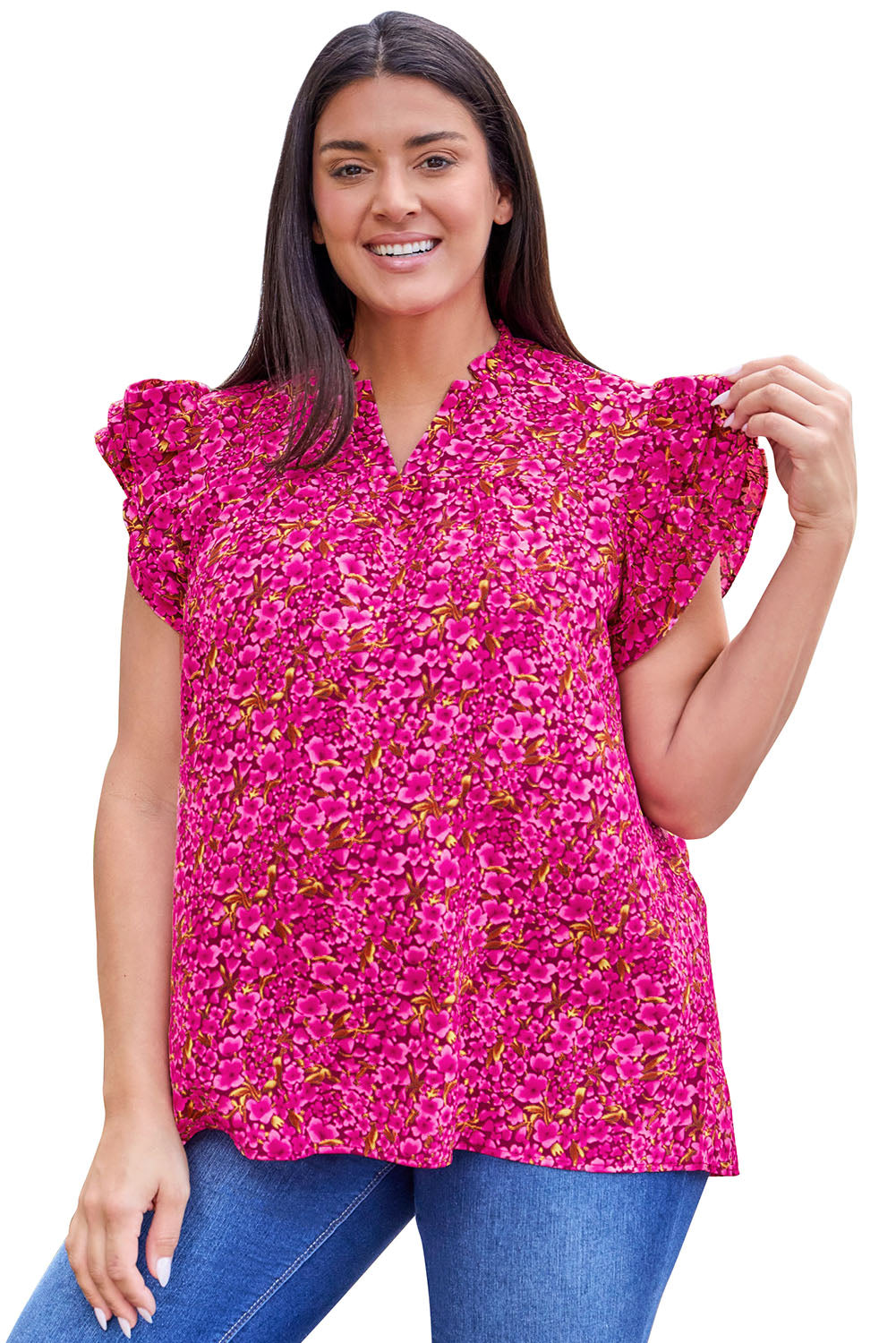Rose Floral Print Ruffle Sleeve Plus Size Shift Top
