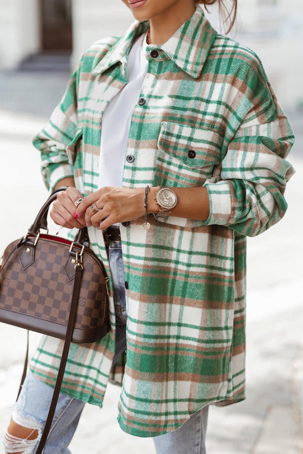 Green Plaid Flap Pocket Long Sleeve Shacket