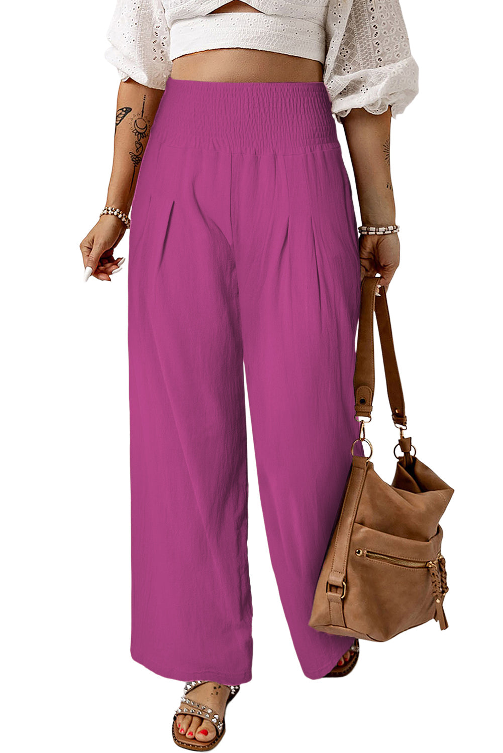 Black Smocked Wide Waistband High Waist Wide Leg Pants