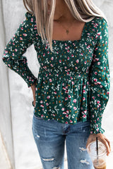 Floral Print Smocked Lace-up Square Neck Long Sleeve Top