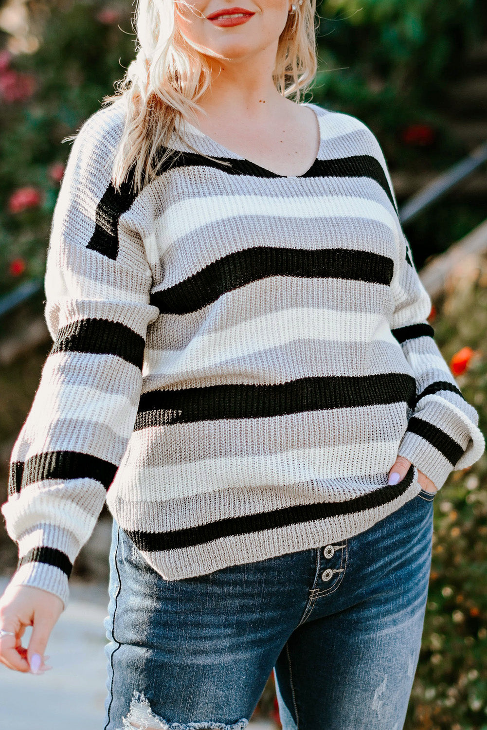 Striped Color Block Cut Out Back Plus Size Sweater